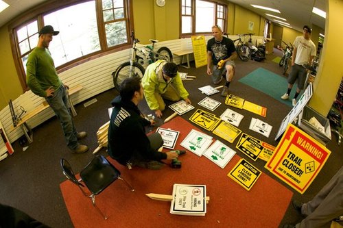 The signs are ready and so are the trails. The Solvista Bike Park crew prepares for opening day.